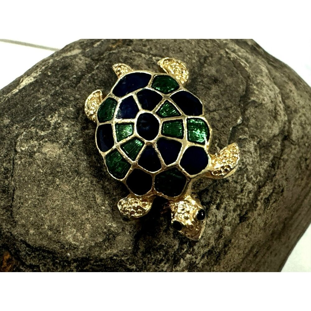 Vtg Blue Green Enamel Turtle Brooch Pin Goldtone Details Finish Ocean Tortoise